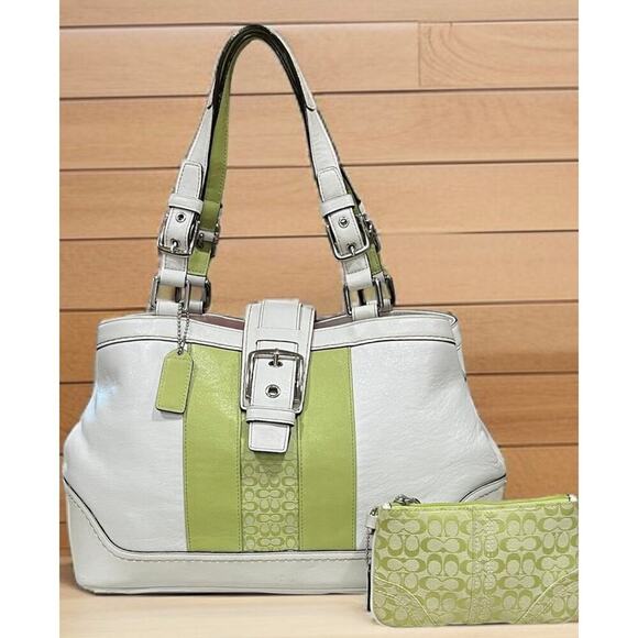 Y2K Coach F11345 Hamptons Leather Striped Satchel Bag & Mini Signature Wristlet - Picture 16 of 16